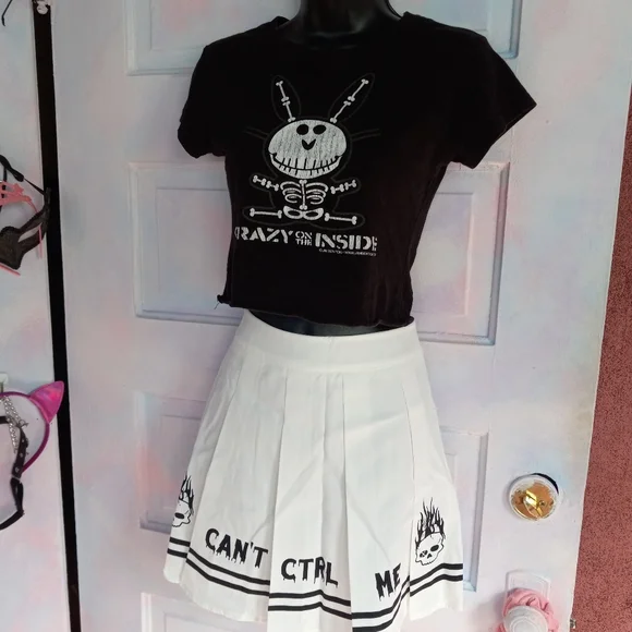 Pleated "Can't control me" cyber goth skirt w flaming skulls! SOLD@hosted store - Picture 2 of 6